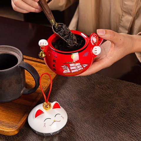Hũ đựng trà hạt mứt bằng sứ hình mèo Thần Tài - Bình trà may mắn phong thủy trang trí bàn uống nước - Quà Tết độc đáo