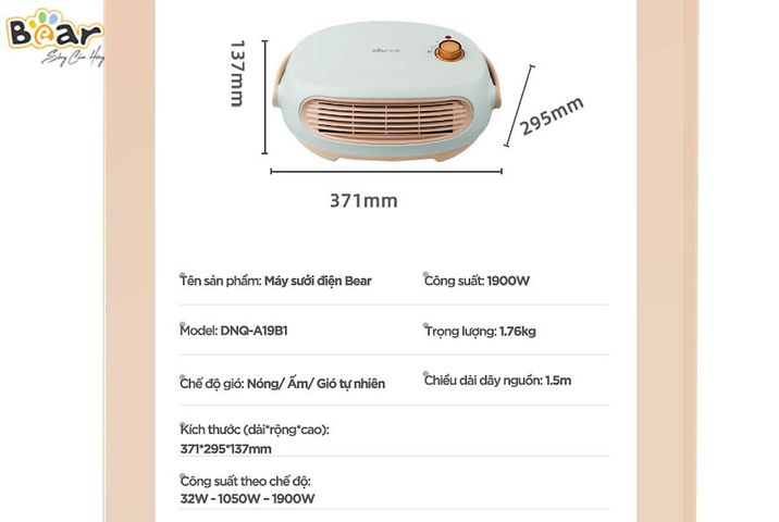 Máy Sưởi Đa Năng Bear DNQ-A19B1 - Công Nghệ PTC Nhanh, Thiết Kế Gọn Nhẹ, Chống Thấm IPX2 Cho Phòng Tắm, Phòng Khách, Phòng Ngủ