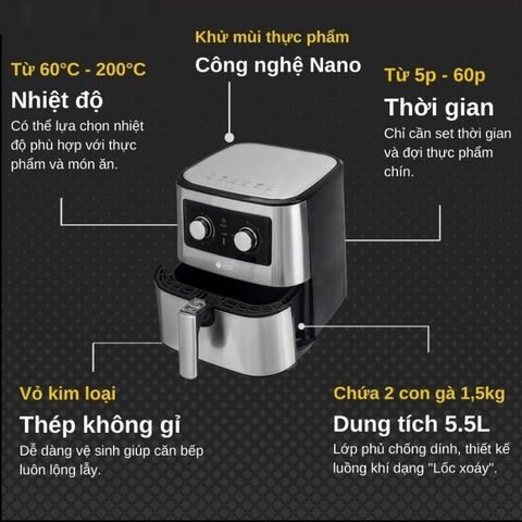 Nồi Chiên Không Dầu Lotte 5.5L LTS-AF5SM - Thiết Kế Hiện Đại, Giảm 100% Dầu Mỡ, Tiện Lợi Cho Mọi Món Ăn