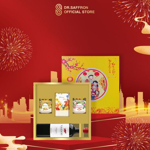 Hộp Quà Tết 2023 Mộc Hương Sơn - Set Mứt Mix Saffron Cao Cấp và Vang Tây Ban Nha - Quà Tặng Ý Nghĩa Dịp Tết