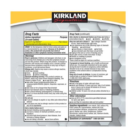 Viên uống Kirkland Low Dose As.piri.n 81mg - Hỗ trợ giảm đau đầu, viêm khớp, và đau cơ - An toàn, dịu nhẹ cho sức khỏe