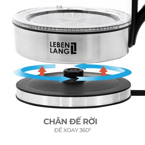 Ấm Siêu Tốc Thủy Tinh Lebenlang LBWE2626 - Công Suất 1850W-2200W, Dung Tích 1.8L, Đế Xoay 360 Độ, Tự Ngắt Khi Nước Sôi