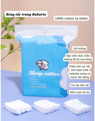 Bông Tẩy Trang Habaria Sheep Cotton - 234 Miếng 100% Cotton Tự Nhiên, Mềm Mịn, Không Gây Kích Ứng, Dùng Cho Mọi Loại Da