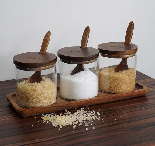 Combo 3 Hũ Gia Vị Thủy Tinh Kèm Khay Muỗng Hobby Home Decor HGV3D - Dụng Cụ Nhà Bếp Gọn Gàng, Tiện Lợi