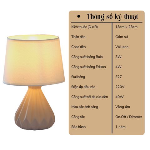 Đèn Ngủ Gốm Sứ Huta Light For Life S13 - Đèn Bàn Trang Trí Thiết Kế Thanh Lịch, Ánh Sáng Vàng Ấm Thư Giãn Gợi Cảm Hứng