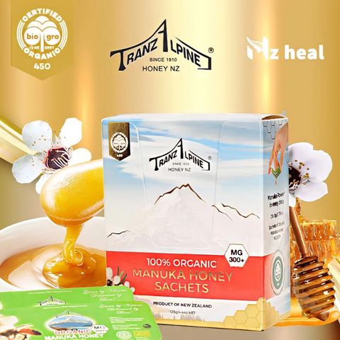 Mật Ong Hữu Cơ Manuka MG300+ TranzAlpine Organic 25 Gói - Kháng Khuẩn Cao, Hỗ Trợ Miễn Dịch và Tiêu Hóa Tự Nhiên