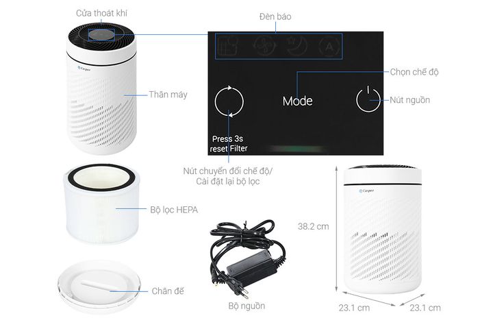 Máy lọc không khí Casper AP-250MAH 22W - Tiết kiệm điện, lọc không khí hiệu quả cho phòng 20-30m², thiết kế nhỏ gọn, nhẹ 2.8kg.
