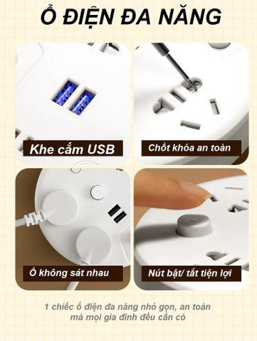 Ổ cắm đa năng Jiashi OCD05 với sạc USB, dây dài 2.8m và giá để điện thoại - Thiết bị tiện lợi cho gia đình