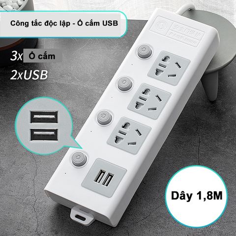 Ổ Cắm Điện Đa Năng Thông Minh Jiashi 2 Cổng USB - Tiện Ích Cao, Khả Năng Chịu Tải Lớn, Dây Dài 1.8m