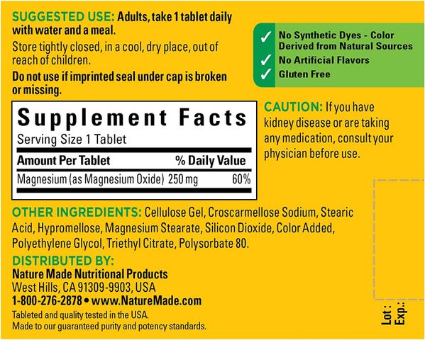 Viên uống bổ sung magie Nature Made 250mg - Hỗ trợ sức khỏe tim mạch, xương chắc khỏe và giảm mệt mỏi cho người lớn