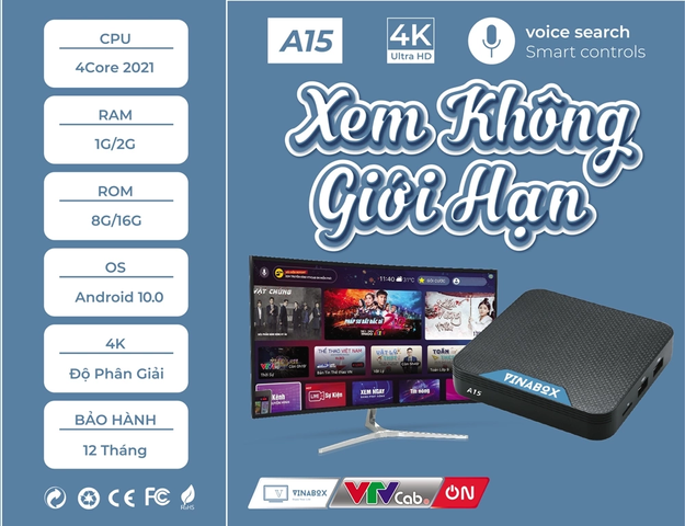 Android TV Box Vinabox A15B - RAM 2GB, ROM 16GB, Hệ điều hành Android 10, Hỗ trợ 4K, Điều khiển giọng nói, Giải trí trực tuyến