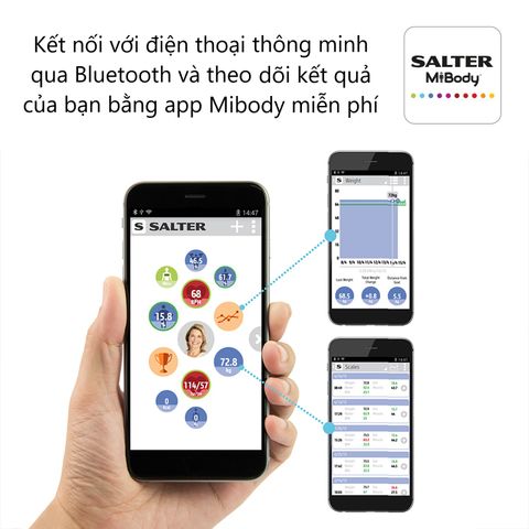 Cân phân tích chỉ số cơ thể Salter 9192BK3R - Kết nối App Bluetooth, 8 thông số, BIA, bảo hành 5 năm - Thiết kế hiện đại cho gia đình bạn