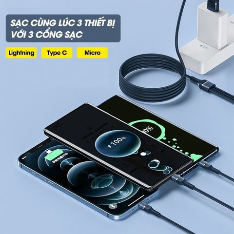 Cáp Sạc Nhanh 3 Đầu Bọc Dù Type C, Lightning, Micro USB 1.2m - Sạc Tối Đa 60W, Tiện Lợi Cho Tất Cả Thiết Bị Điện Thoại