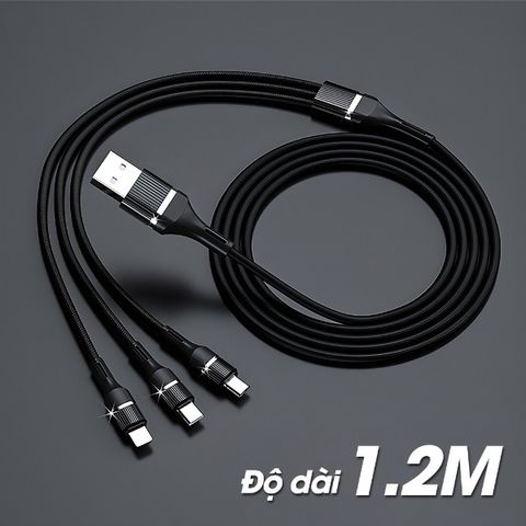 Cáp Sạc Nhanh 3 Đầu Bọc Dù Type C, Lightning, Micro USB 1.2m - Sạc Tối Đa 60W, Tiện Lợi Cho Tất Cả Thiết Bị Điện Thoại