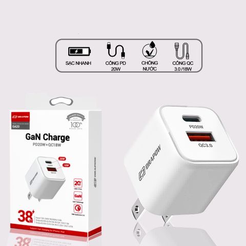 Củ sạc nhanh 38W Drapow - Adapter USB C PD 20W QC 3.0, Sạc nhanh cho iPhone, iPad và thiết bị hỗ trợ PD khác