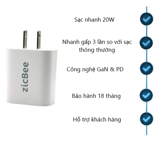 Củ Sạc Nhanh Mini 20W PD 3.0 zicBee MGA016 - Sạc Tốc Độ Cao cho Điện Thoại, iPad, Airpods, Apple Watch, Thiết Kế Gọn Nhẹ, USB-C