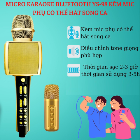 Micro Karaoke Bluetooth YS-98 Kèm Mic Phụ - Công Nghệ Lọc Âm Tiên Tiến, Âm Thanh Rõ Ràng, Hát Song Ca Tiện Lợi
