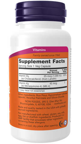 Viên bổ sung Vitamin D3 và K2 1000IU/45mcg Now Foods của Mỹ - Hỗ trợ sức khỏe xương khớp, bổ sung canxi, dễ uống, 120 viên