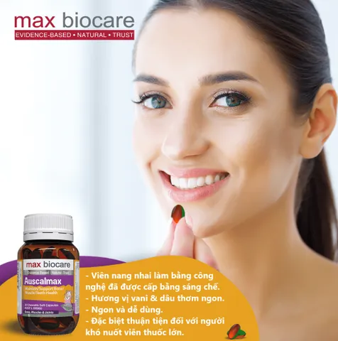 Viên nhai Max Biocare Auscalmax hỗ trợ sức khỏe xương, cơ - Bổ sung Vitamin K2, D3, Canxi hữu cơ cho người lớn và trẻ nhỏ