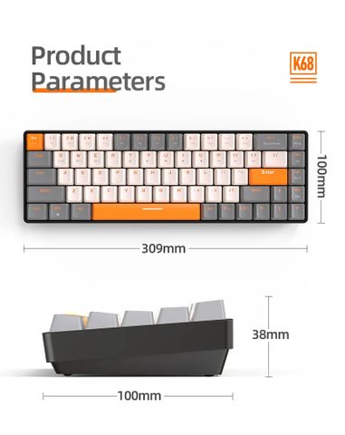 Bàn Phím Cơ Không Dây K68 - Kết Nối Máy Tính, Điện Thoại, Tablet - Thiết Kế Gọn Gàng, Red Switch êm ái, Hotswap tùy chỉnh
