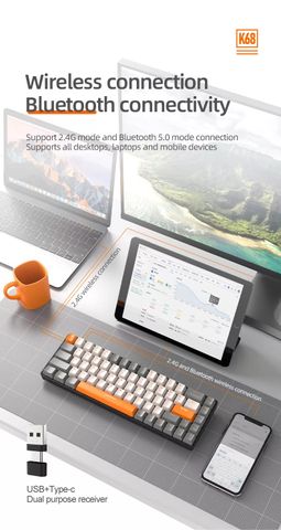 Bàn Phím Cơ Không Dây K68 - Kết Nối Máy Tính, Điện Thoại, Tablet - Thiết Kế Gọn Gàng, Red Switch êm ái, Hotswap tùy chỉnh