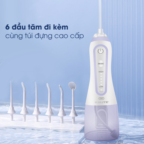 Máy Tăm Nước Cầm Tay Kalite KHF06 - 5 Mức Áp Lực, 6 Đầu Tăm Đầy Tiện Ích, Thiết Kế Nhỏ Gọn, Chống Nước IPX7, Dùng Hàng Ngày