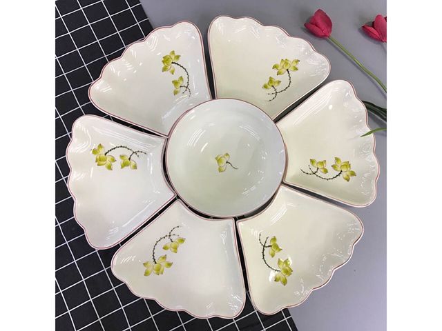 Bộ bát đĩa Bát Tràng hoa mặt trời 7 món - Gốm sứ cao cấp vẽ tay tinh xảo, bộ dụng cụ ăn đẹp mắt cho gia đình
