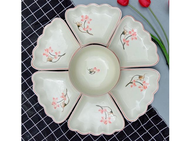 Bộ bát đĩa Bát Tràng hoa mặt trời 7 món - Gốm sứ cao cấp vẽ tay tinh xảo, bộ dụng cụ ăn đẹp mắt cho gia đình