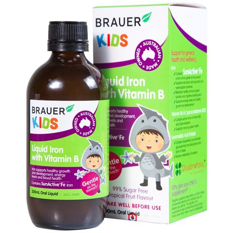 Siro Brauer Kids Liquid Iron với Vitamin B cho bé từ 1 tuổi - Hỗ trợ bổ sung sắt, tăng cường sức khỏe, hương vị trái cây thơm ngon 200ml