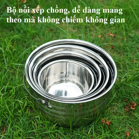 Bộ 4 Nồi Inox Dã Ngoại Xếp Gọn Đa Năng - Thiết Kế Tiện Dụng, Dùng Cho Tất Cả Các Loại Bếp Cắm Trại, Du Lịch, Picnic
