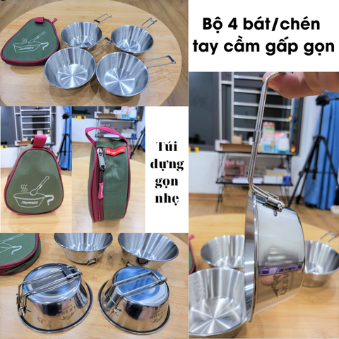 Bộ bát inox Syrah dã ngoại tích hợp tay cầm - Bộ 4, 6 bát tiện lợi cho cắm trại và picnic, chất liệu inox 304 cao cấp, nhẹ và bền.