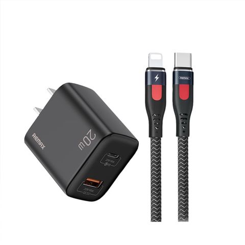 Bộ Củ Sạc Nhanh 20W Remax U88 - Hai Cổng Sạc PD QC Và Cáp Sạc RC-188i Đen, Sạc Nhanh Cho iPhone 14 Pro Max
