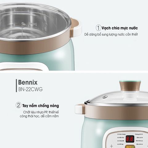 Nồi Nấu Chậm Bennix BN-22CWG 8 Chức Năng - Hẹn Giờ, Công Suất 400W, Dung Tích 2.2L, Lòng Gốm Sứ, Màu Xanh Mint