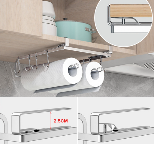 Giá treo 2 cuộn giấy bếp gắn tủ bếp Inox 304 - Tiện ích trang trí nhà bếp Hobby Home Decor kèm 8 móc treo đồ hữu dụng