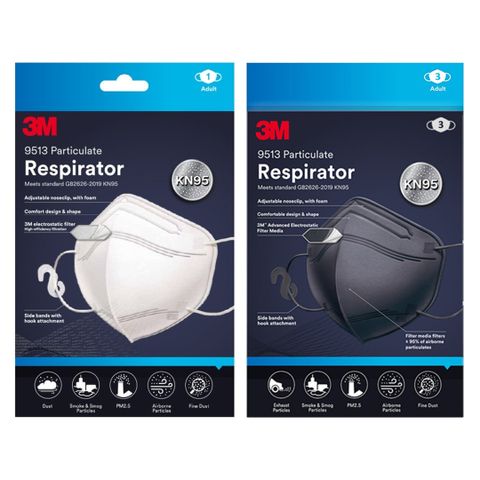 Khẩu Trang 3M Nexcare KN95 9513 - Lọc 95% Bụi Mịn, Bảo Vệ Virus, Thiết Kế 3D, Màu Đen Trắng, Khẩu Trang Chống Bụi Kháng Khuẩn