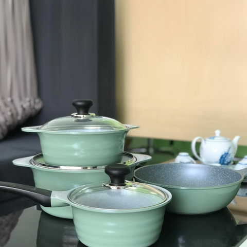 Bộ Nồi Vân Đá 4 Món Ecoramic Sky Pot Không Từ Màu Xanh Mint - Dụng Cụ Bếp Sang Trọng, Chịu Nhiệt Tốt, Tiết Kiệm Điện