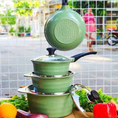 Bộ Nồi Vân Đá 4 Món Ecoramic Sky Pot Không Từ Màu Xanh Mint - Dụng Cụ Bếp Sang Trọng, Chịu Nhiệt Tốt, Tiết Kiệm Điện