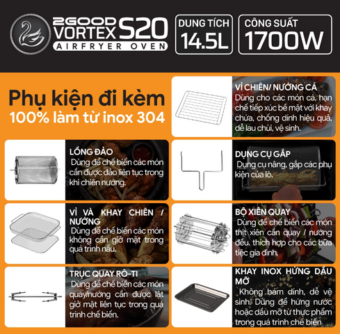 Nồi Chiên Không Dầu 2Good Vortex S-20 Air Fryer Oven 14.5L - Công Nghệ Nấu Ăn Tối Ưu, Dễ Sử Dụng với 16 Chế Độ Cài Đặt Sẵn