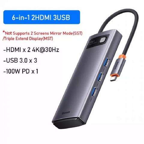 Hub Mở Rộng 6 in 1 Baseus Metal Gleam Đa Chức Năng - 2 Cổng HDMI, 3 Cổng USB 3.0, Sạc PD 100W - Thiết Bị Kết Nối Tuyệt Vời Cho Laptop và Macbook