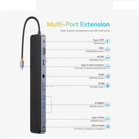 Hub Mở Rộng Baseus 12 in 1 EliteJoy Gen2 - Công cụ Chuyển Đổi Đa Năng 11 Cổng Type-C cho Laptop, Macbook, Smartphone, 4K HDMI, Sạc Nhanh PD 100W