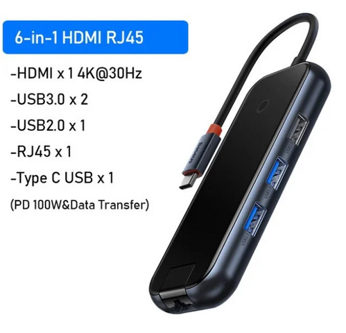 Hub Mở Rộng Đa Năng Baseus AcmeJoy 6 Trong 1 - Docking Station HDMI, USB3.0, PD & Data, RJ45 - Thiết Bị Kết Nối Thông Minh Cho Laptop và Smartphone