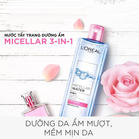 Nước tẩy trang L'Oreal Paris Micellar Water 3-In-1 400ml - Dưỡng ẩm, Làm sạch trang điểm, Công nghệ Mi-xen dành cho da nhạy cảm