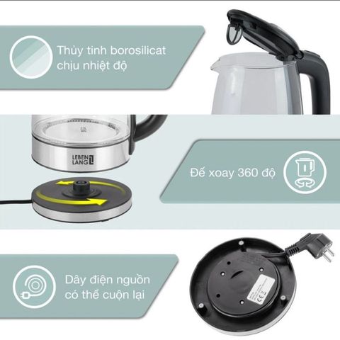 Ấm Siêu Tốc Thủy Tinh Lebenlang LBL2879 - Dung Tích 1.7L, Công Suất 2200W, Chất Liệu Inox & Thủy Tinh, Thiết Kế Hiện Đại, Sang Trọng