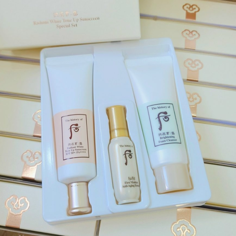 Set 3 sản phẩm chăm sóc da Whoo: Kem chống nắng SPF 50+, Sữa rửa mặt Radiant White, Tinh chất Bichup chống lão hóa