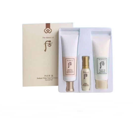 Bộ kem chống nắng dưỡng trắng da Whoo Radiant White Sun Essence 3 món - Kem chống nắng SPF 50+/PA++++, Sữa rửa mặt & Tinh chất dưỡng da chống lão hóa