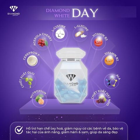 Viên uống dưỡng trắng da Diamond White Day & Night - Giúp làm đẹp da, cải thiện đàn hồi, sáng khỏe và mịn màng cho phụ nữ từ 18 tuổi trở lên.