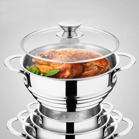 Chảo Xào Inox 304 Kalpen Đúc Liền và Xửng Hấp 3 Nấc - Bộ Đa Năng Cho Món Xào, Nấu, Hấp Thực Phẩm An Toàn, Tiện Lợi