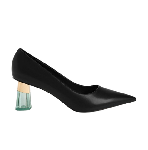 Giày cao gót C&K CK1-60280375 Đen - Metallic Accent Clear Heel Pumps Cao 6.5cm, Mũi Nhọn Thời Trang cho Phái Đẹp