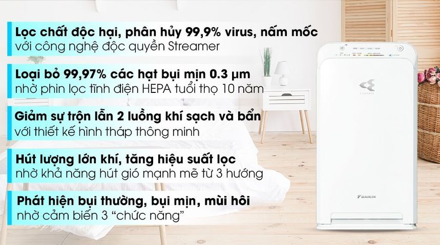 Máy Lọc Không Khí Daikin MC40UVM6 - Cảm Biến 3 Chức Năng, Công Suất 23W, Phù Hợp Diện Tích 31m2, Lọc Bụi, Khử Mùi Hiệu Quả