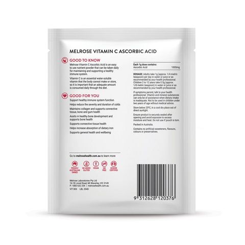 Bột Vitamin C Ascorbic Acid Melrose 125g - Hỗ trợ sức khỏe, tăng cường miễn dịch và làm đẹp da, nguyên chất dễ hòa tan